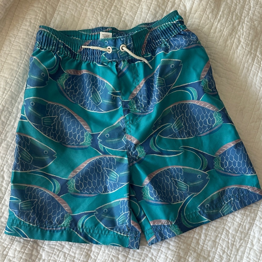 Tea Collection Blue Fish Print Kids Swim Trunks